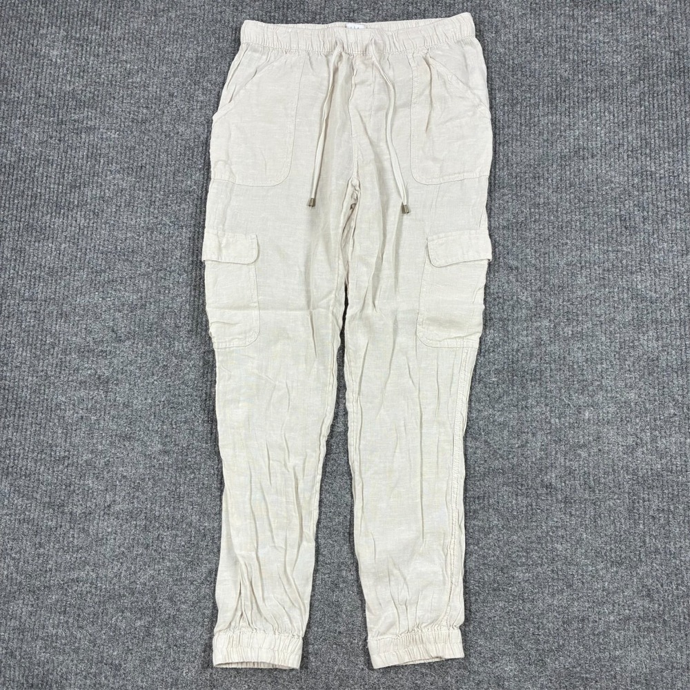 Nicole Miller NY Womens Linen Jogger Pants M Ivory Cargo Pockets Drawstring